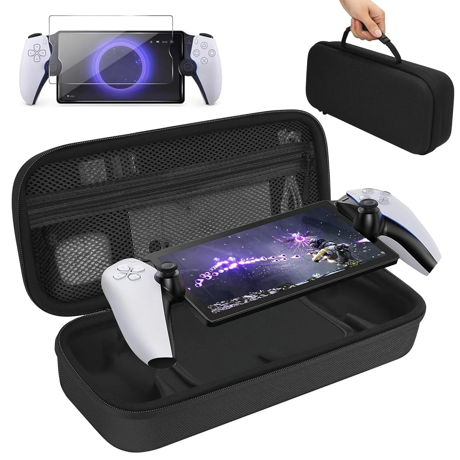 Kothab Playstation Portal Case and Screen Protector, Hard Shell PS Portal Case Portable Travel Handbag Carrying Case for Playstation Portal Accessories(Black)