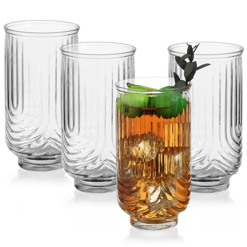 4 Pcs Vintage Art Glassware, Trendy Ripple Glass Cups Set of 4, Fashionable Arch Design Highball Glasses, Classic Transparent Coffee Cups for Cocktail, Juice, Water