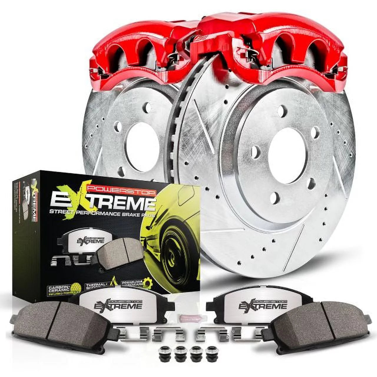 Power Stop Front Z26 Street Warrior Brake Pad and Rotor Kit with Red Powder Coated Calipers KC2908-26