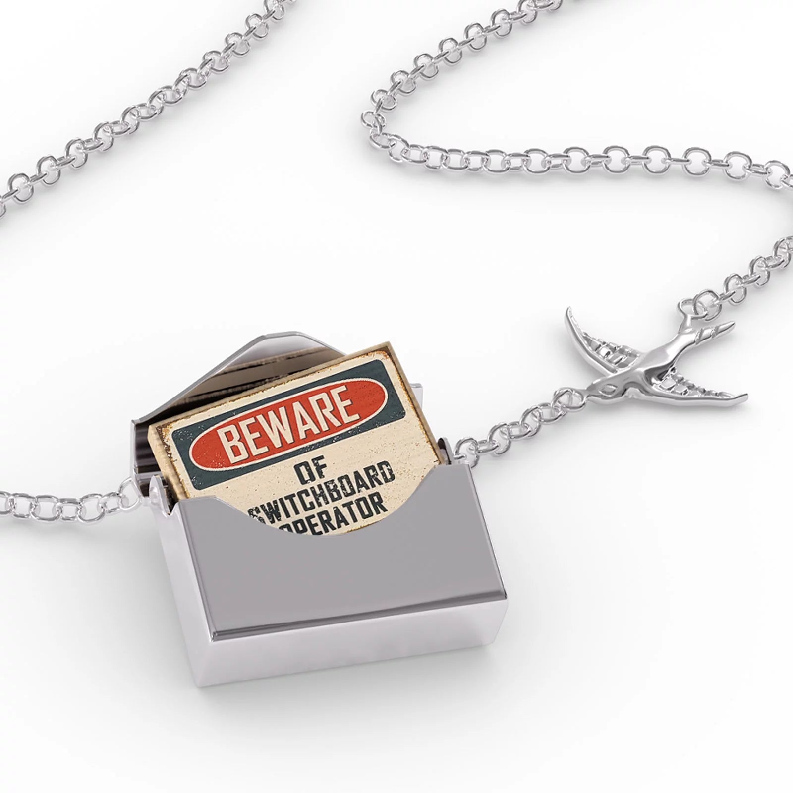 Locket Necklace Beware Of Switchboard Operator Vintage Funny Sign in a silver Envelope Neonblond