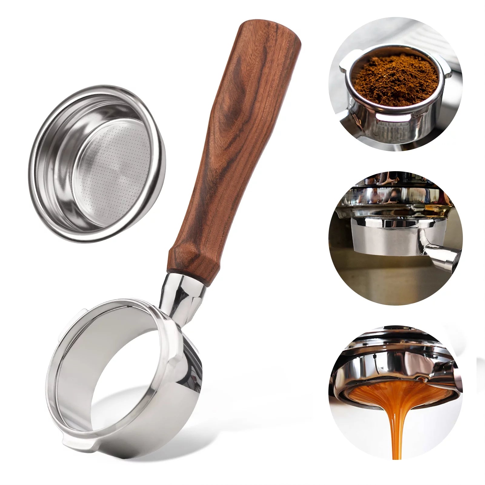 Ammoon 58mm 3 Ears Stainless Steel Bottomless Naked Portafilter Wooden Coffee Handle Cup Filter Basket Replacement for Barsetto BA101 BA102 Calphalon Temp IQ