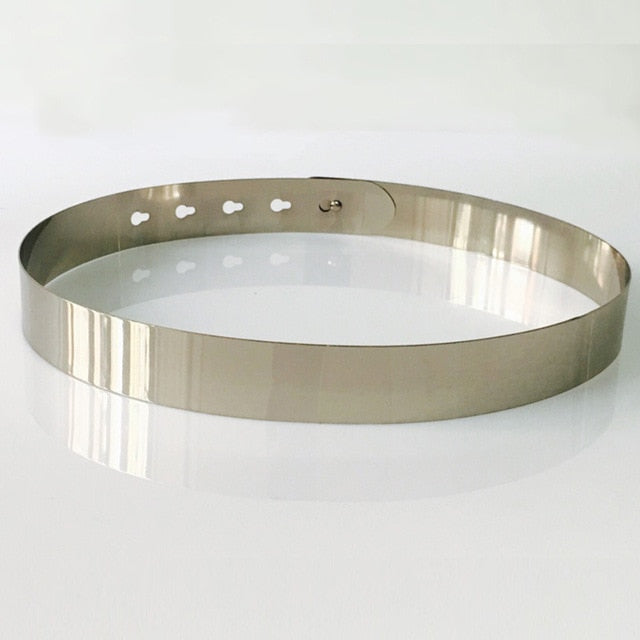 Fashion Women Adjustable Metal Waist Belt Bling Gold Silver Color Plate Vintage Lady Simple Belts Mirror Waistband