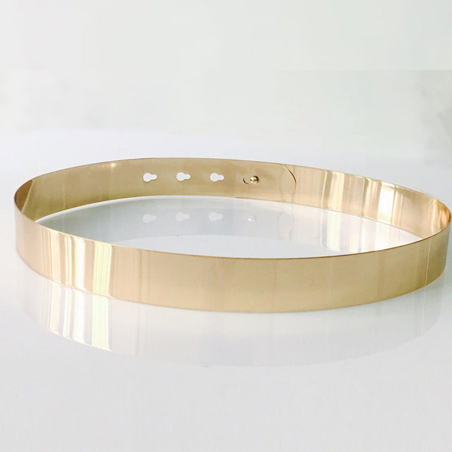 Fashion Women Adjustable Metal Waist Belt Bling Gold Silver Color Plate Vintage Lady Simple Belts Mirror Waistband